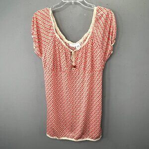 Vintage Y2K Babydoll Milkmaid Top XXL Juniors Coral Crochet Trim Wood Beads Boho